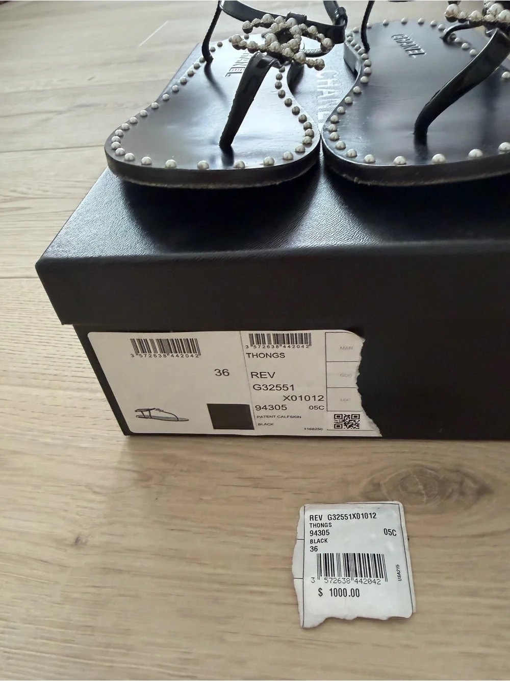CHANEL Black Pearl-Accent T-Strap Sandals